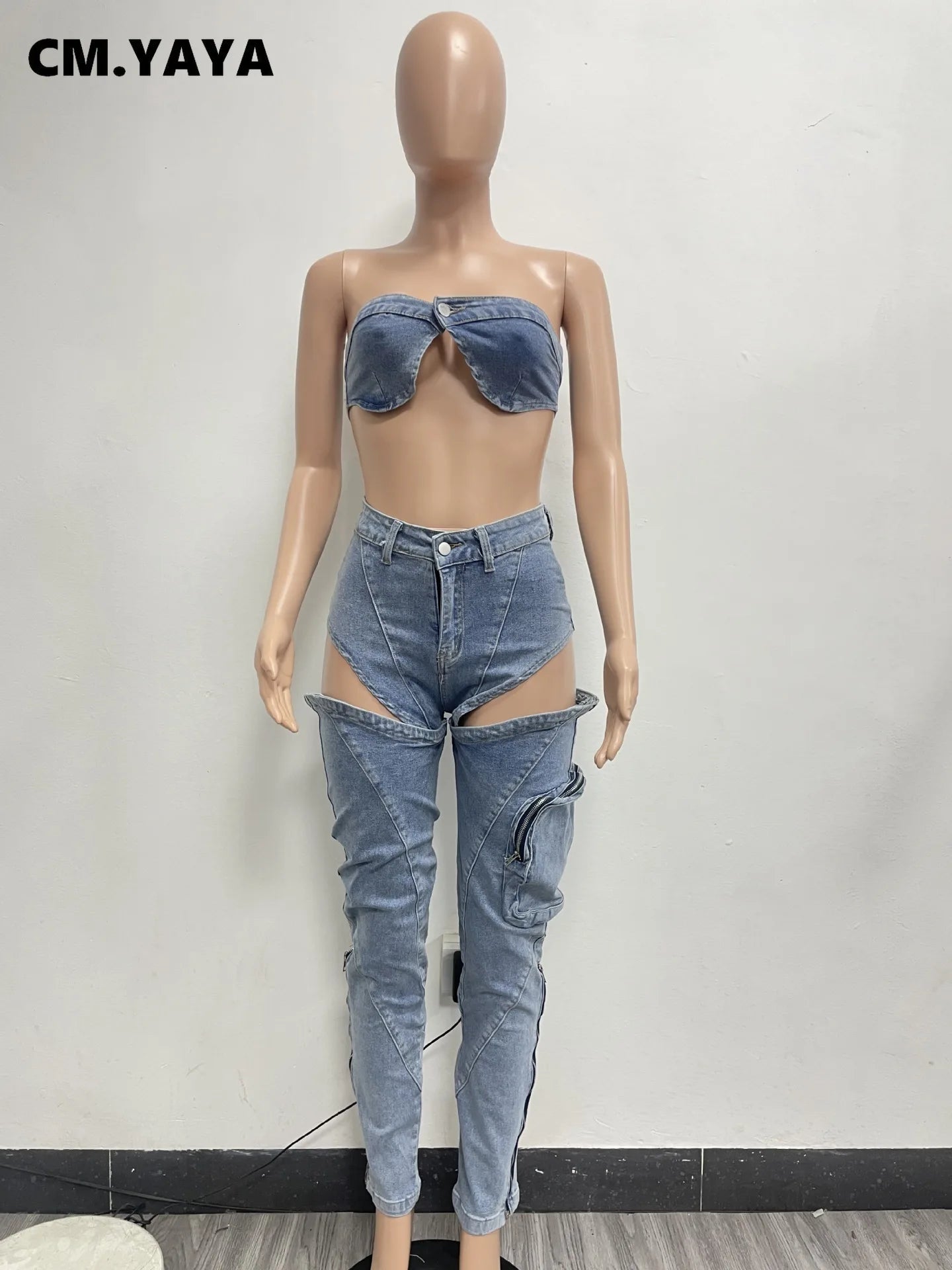 Fashion Denim Women's Set Strapless Bra Crop Top and Slit Jeans Pants Suits Sexy Party Club Two 2 Piece Set Outfits