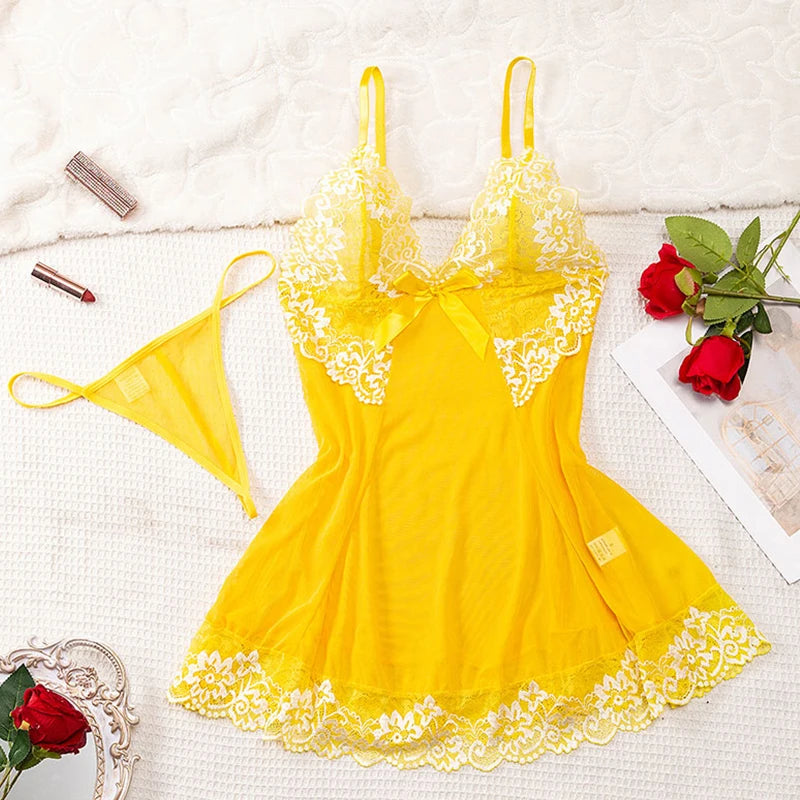 2 PCS Set S-2XL Plus Size Nightdress + Panty Pajamas Sets Women Underwear Lace See Through Sleepwear Sexy Lingerie Dress Female Sexy Nightwear For Night Party Sets