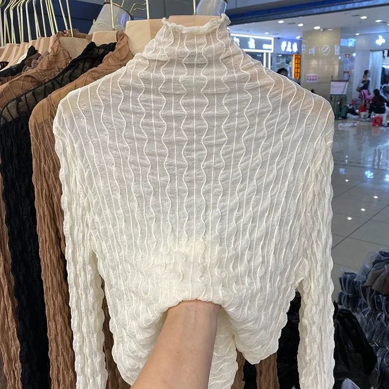 NEW Arrivals S-2XL 6 Colors European Style Polo/Turtle Neck Lace Base Layer Top Women's Long Sleeve 2021 Spring Autumn Thin Versatile Transparent Inner Top