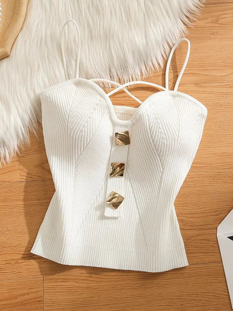 NEW Arrivals Black/White Color Knitted Camisole Sexy Tank Top Women's Summer Outerwear Sexy and Spicy Girl's Inner Layer with A Bottom Top