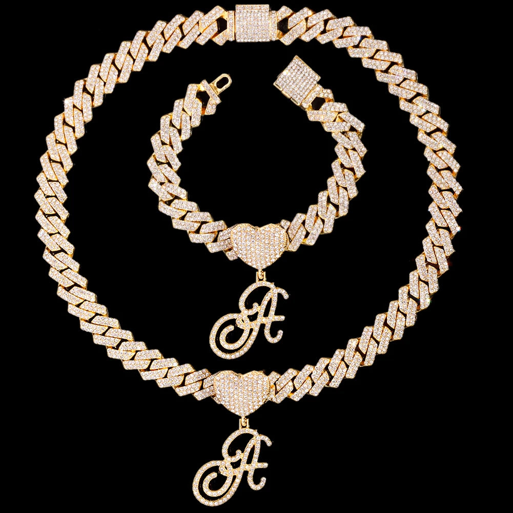 2 PCS Set New Fashion A-Z Initial Cursive Letter Luxury Rhinestones Pendant Cuban Necklace for Women Iced Out Cuban Link Chain Necklace Set Jewelry