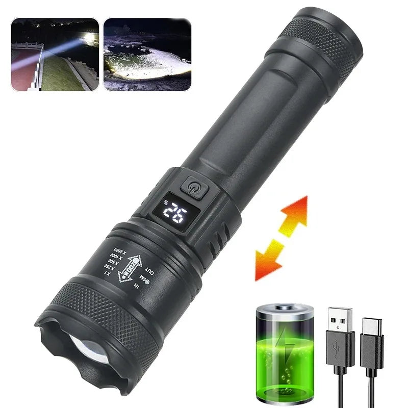3 PCS Set 500m Lighting Distance Rechargeable LED Flashlight 10000LM Zoomable Torch Waterproof 5 Modes with LCD Display  Charging for Camping Hiking Night Walking Emergency Tools