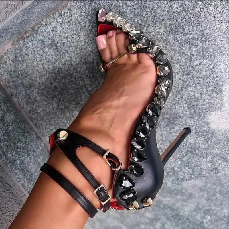 UK Large Size Runway Women Pumps Crystal Metal Decoration Luxury High Heels Sandals For Women Luxury Designer Nightclubs Banquets Female High Heels Shoes