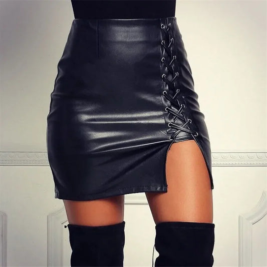 NEW Arrivals S-5XL Plus Size Sexy Girls Above Knee Black PU Leather Mini Skirts Spring Women High Waist Bodycon Front Split Elegant Short Skirt