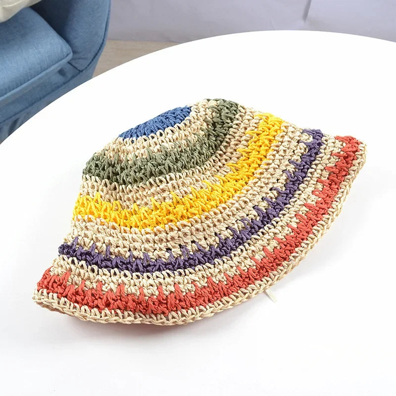 New Korean Style Multicolor Foldable Sun Crochet Hat For Beach, Travel And Vacation handmade straw hat