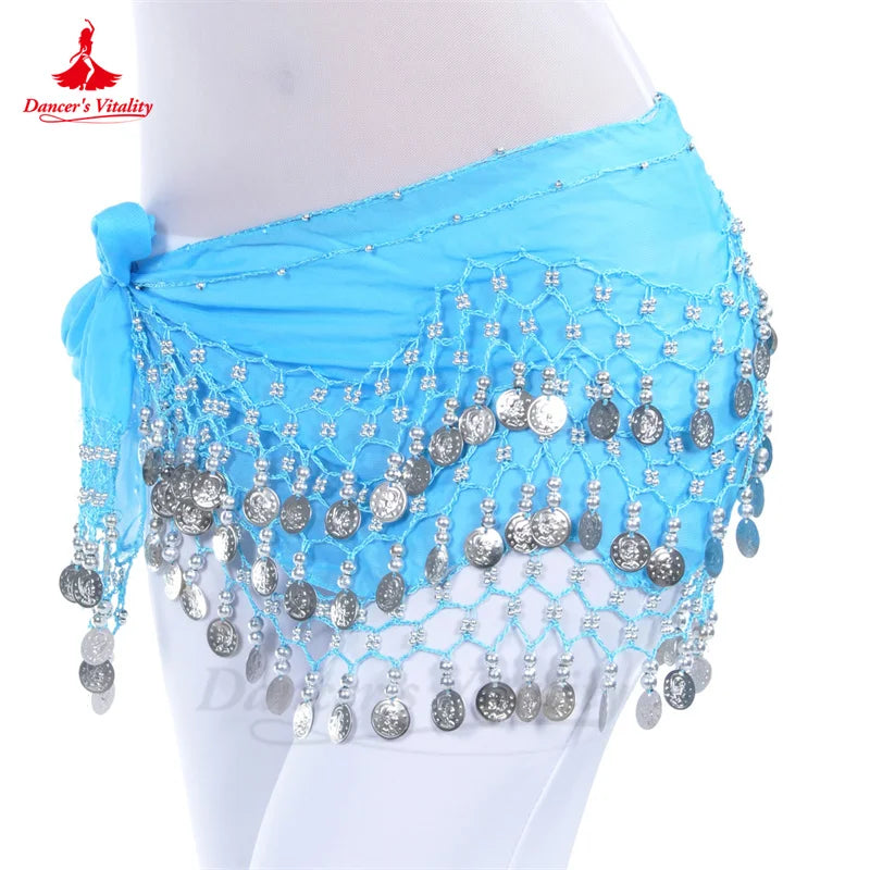 NEW Arrivals Belly Dance Belt for Women Chiffon Gold Coins Oriental Dancing Wear Accessories Girl's Chiffon Silver Coins Belly Dance Hip Scarf