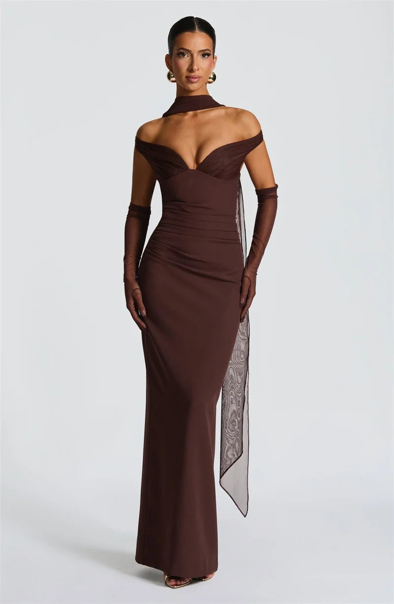 UK Size Black/Brown/Pink Color Scarf Collar Off-Shoulder Sexy Maxi Dress Women Gown Fashion With Sleeve Strapless Backless Club Party Long Dresses