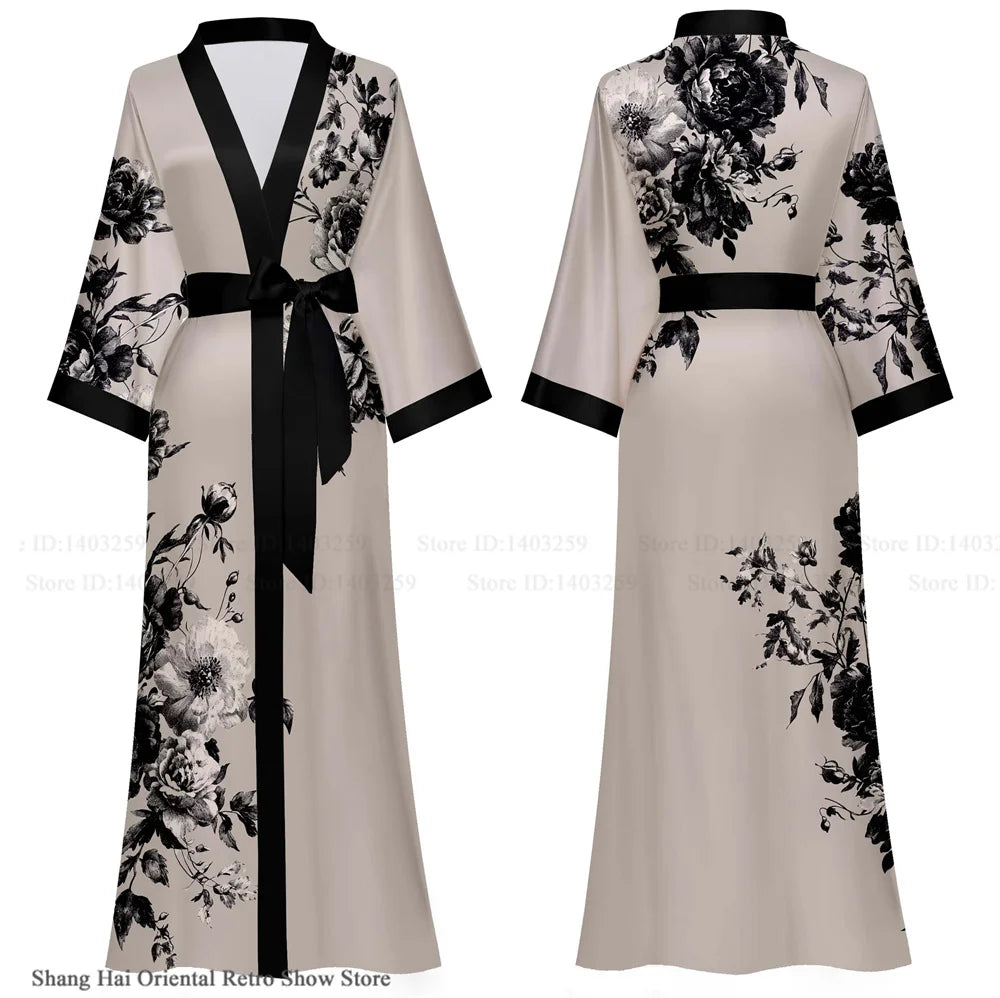 NEW Luxury Japanese Silk Elegant Flower Women Long Robe Loungewear Silky Satin Kimono Bathrobe Gown Spring Autumn New Sleepwear Home Dress Negligee
