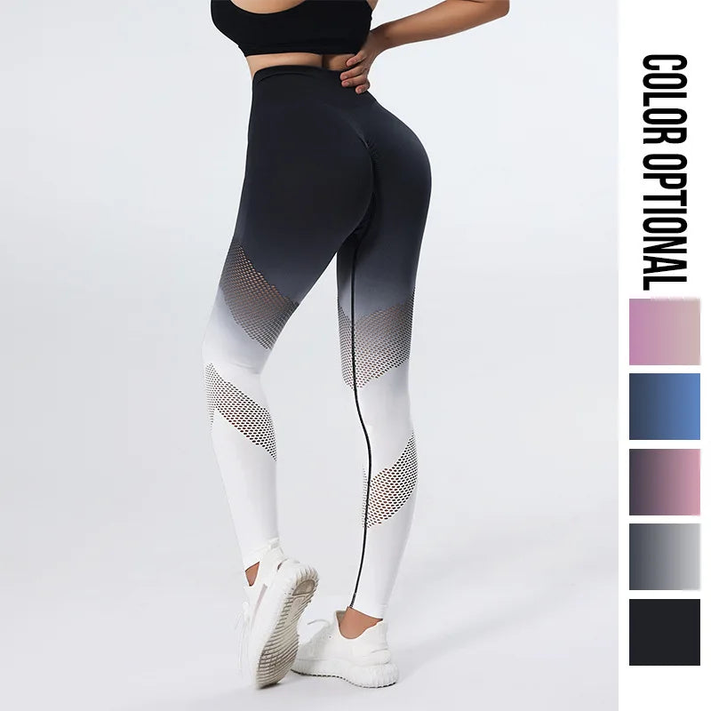 Women Sexy Hollow Out Leggings Seamless Gradient Leggings High Waist Hip Liftting Slim Gym Trainning High Elastic Yoga Tights