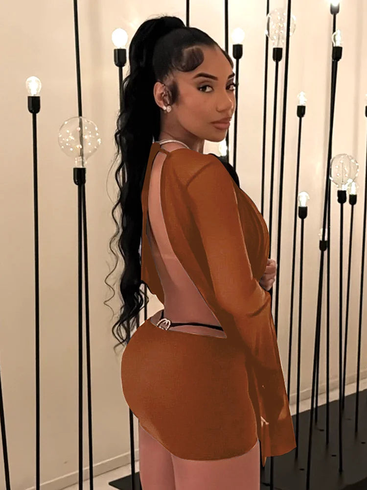 UK Size 5 Colors  Halter Backless Dress Women Y2K See Through Irregular Full Sleeve Coquette Sexy Midnight Beach Vacation Mini Bodycon