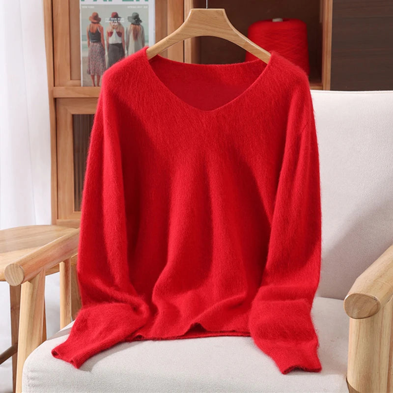 100% Mink Uzbekistan Cashmere 10 Colors S-3XL UK Plus Size Sweater Women's Autumn Winter New Style Solid Color V-Neck Knitted Top Quality Sweater Versatile Loose Base Top