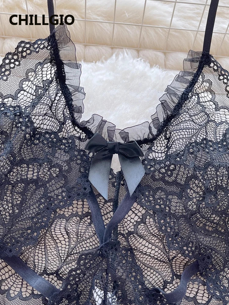 Women Transparent Lace Halter Bodysuit Fashion Erotic Bodycon Ruffle Catsuit One Piece Sexy Combination Onesie Lingerie