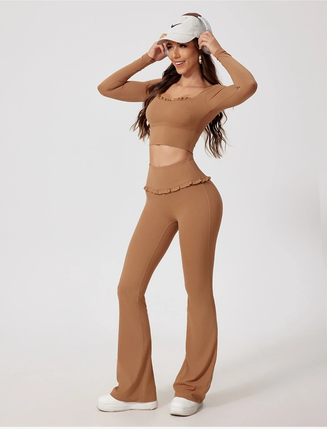 2PCS Set S-XL 6 Colors Naked Square Neck Yoga Set Sports Fitness High Waist Nude Quick-drying Long-sleeved Outdoor Running Workout Clothes Gym Suit