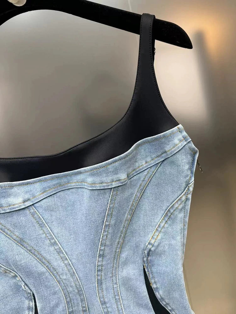 New Arrivals Fashion Women's Ladies Patchwork Elastic Denim Sling Dress Spring Autumn Trendy Sleeveless Wrap Hip Dresses Female 11XX8995 Female Girls Casual Fashion Clothing Supplies