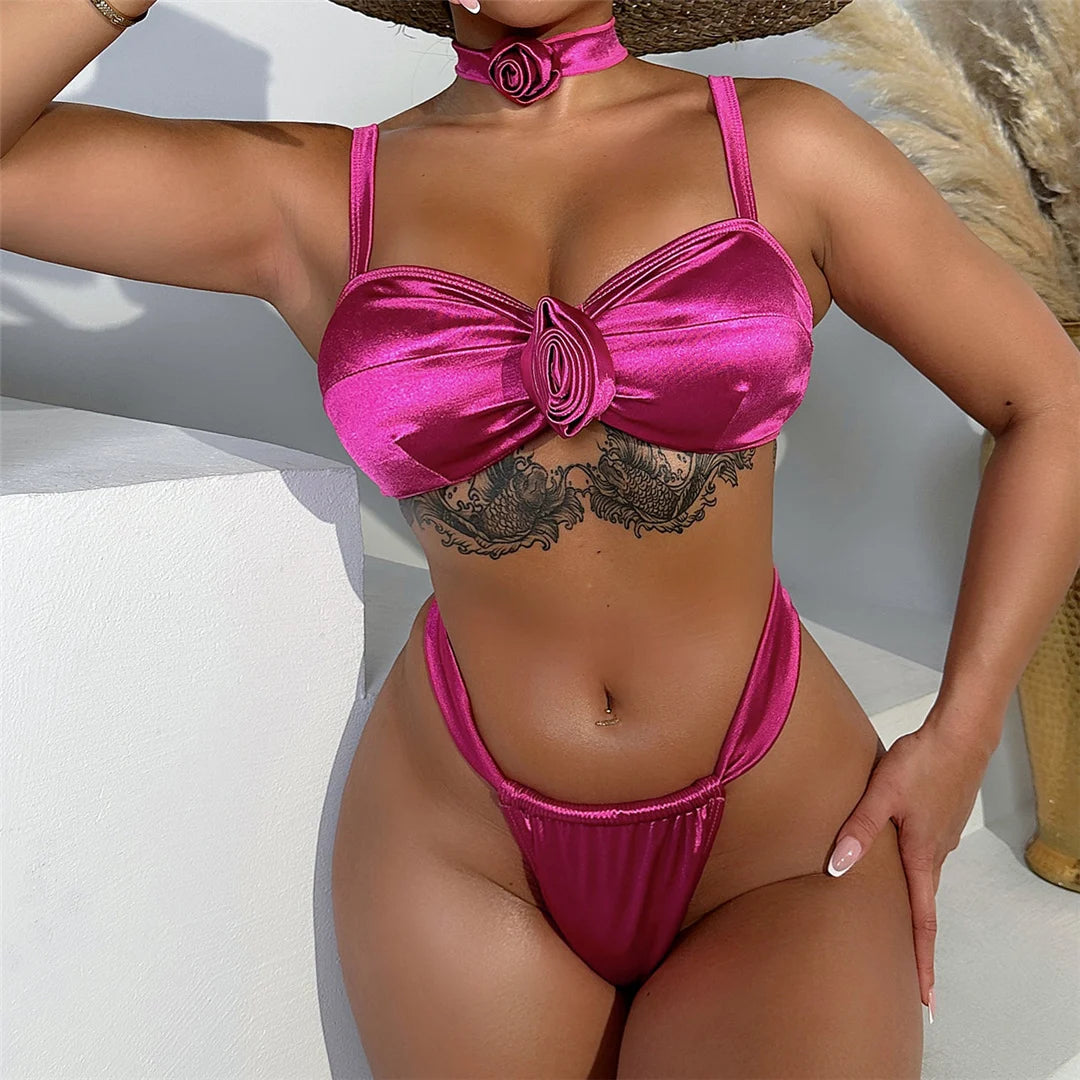 NEW Arrivals 2PCS Set UK Size 3D Flower With Necklace High Leg Cut Luxury Bikini Female Swimsuit Women Swimwear Bikini set Bather Bathing Suit Swim K5223