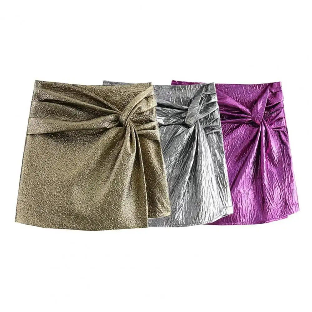 NEW Arrivals Silver/Purple Women Girls Autumn Winter Sexy Mini Skirt High Waist Knot Pleated Shorts Skirt Elegant Woman Short Pants Streetwear Evening Night Clubwear Female Girls Luxury Fashion Apparel  Products
