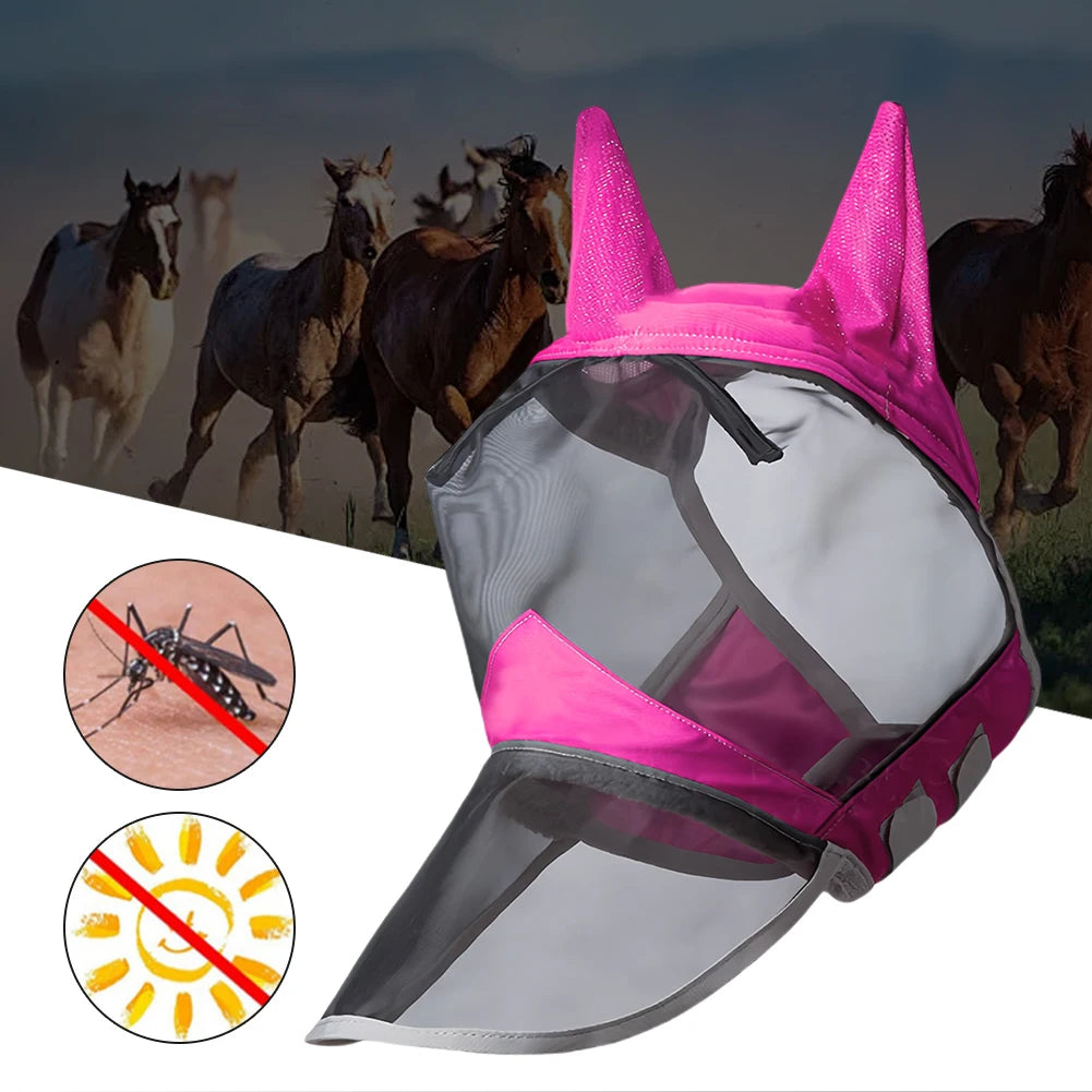 Summer Horse Equestrian Full Face Masks Anti-Mosquito Sunshade Breathable Stretch Knit Mesh Fabrics Equestrian Equipment