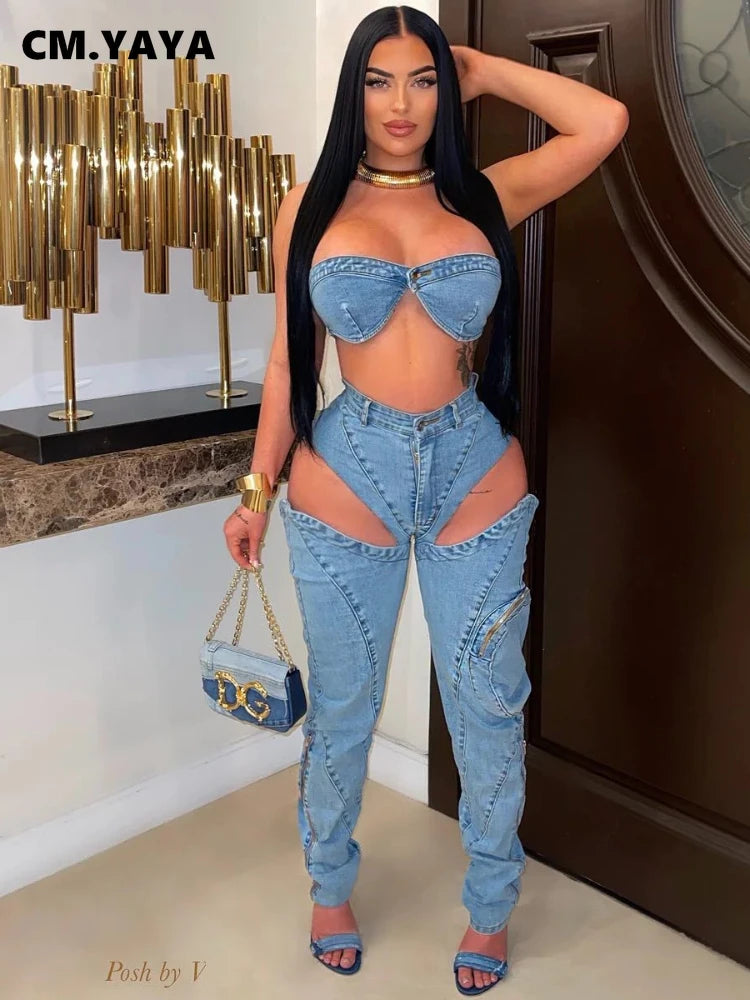 Fashion Denim Women's Set Strapless Bra Crop Top and Slit Jeans Pants Suits Sexy Party Club Two 2 Piece Set Outfits