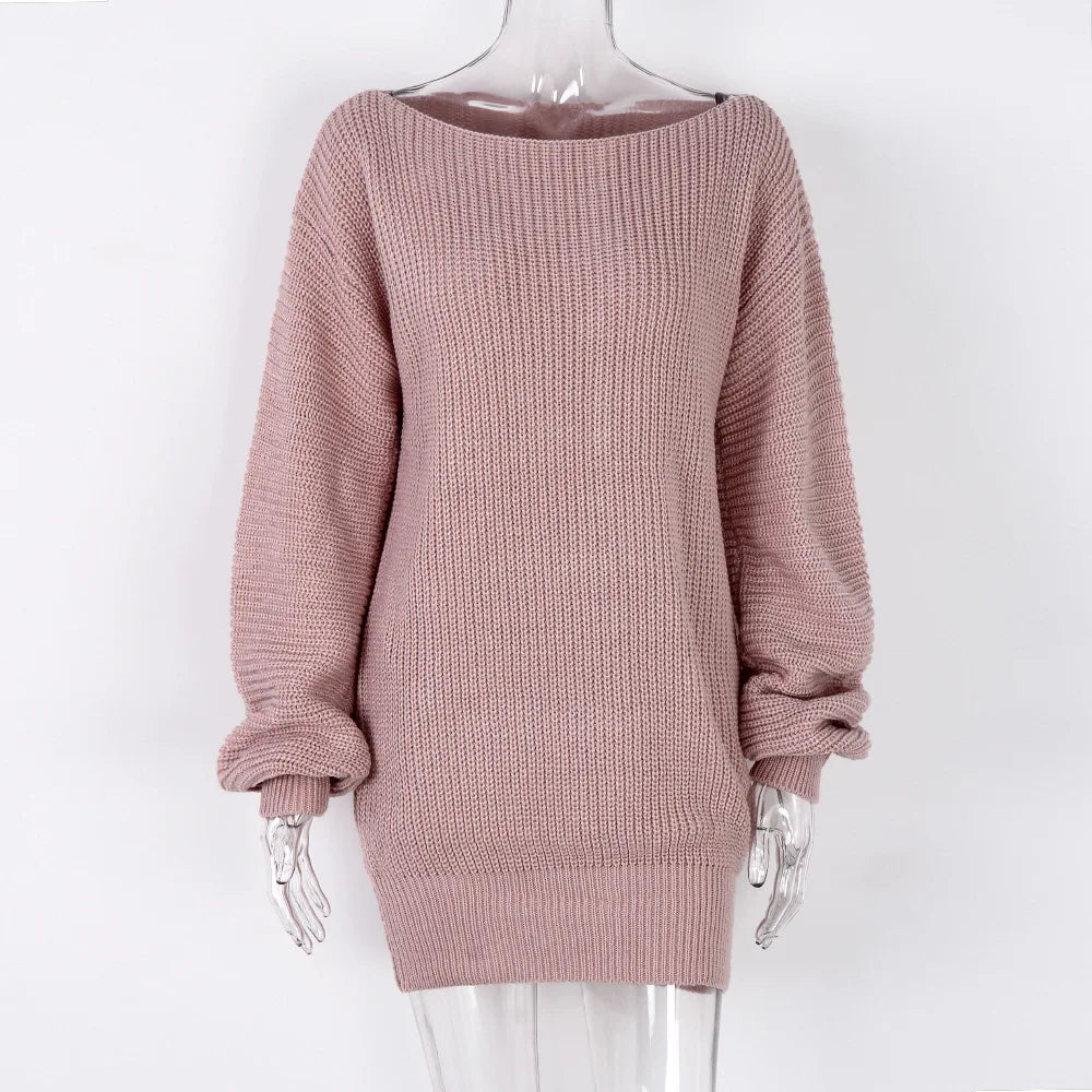 NEW Arrivals UK Size 6 Colors Autumn Winter Women Knitted Dresses Fashion Leisure Warm Sweater Ladies Dress Off The Shoulder Lantern Sleeves Mini Dress