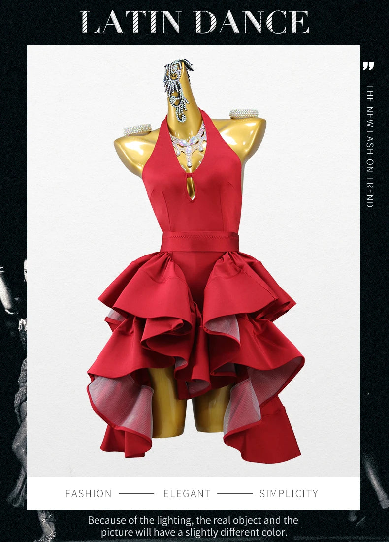 New Arrivals Red Latin Dance Dress Sexy Ladies Ballroom Party Show Costume Practice Wear Line Clothing Women Sport Party Skirt Customized Ladies Competition Dancing Dress