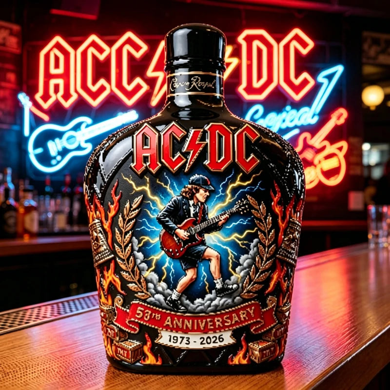 AC/DC Angus Young Lovers 50th Anniversary Collectible Whiskey Bottle 1973-2026 Rock Band Themed Liquor Bottle Collectible Home Bar Decor Gift Pubs Night Club Barware Supplies