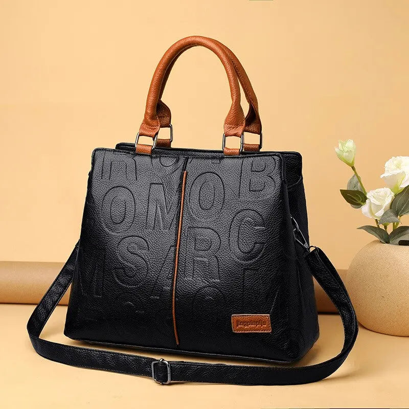 New Fashion Solid Color Shoulder Large Capacity Soft Leather Cloth Letter Embossed Ladies Handbag