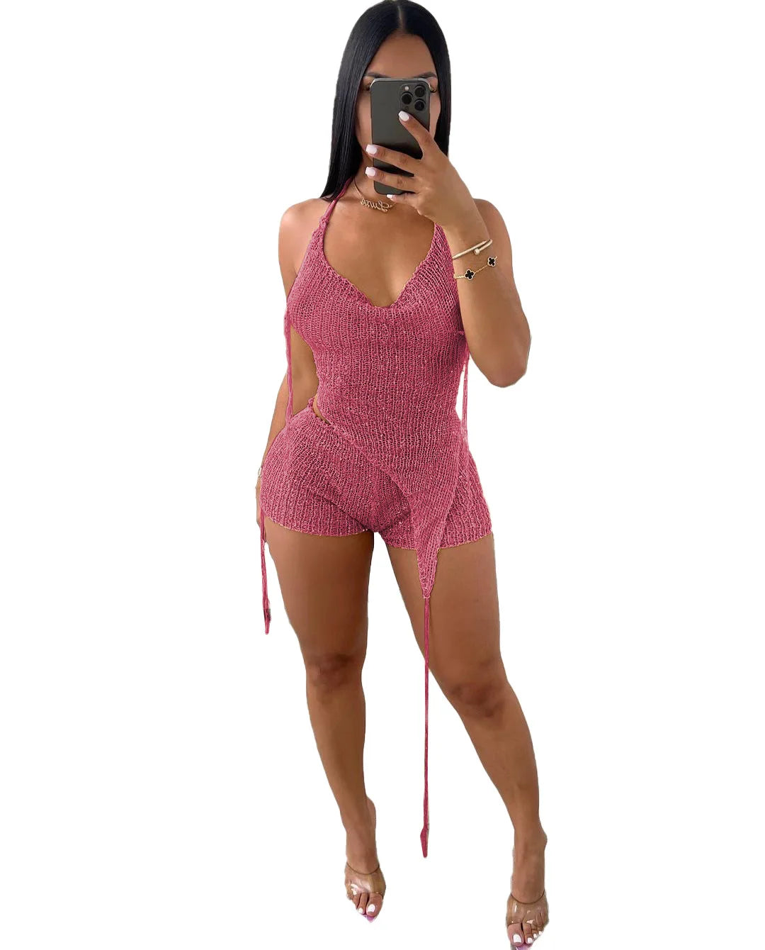 3 PCS Set S-2XL 4 Colors Sexy Y2K Hollow Sequin Irregular Outfits See Through Tracksuit Fashion Halter Lace Up Backless Top Shorts Scarf  Women Streetwear Suit