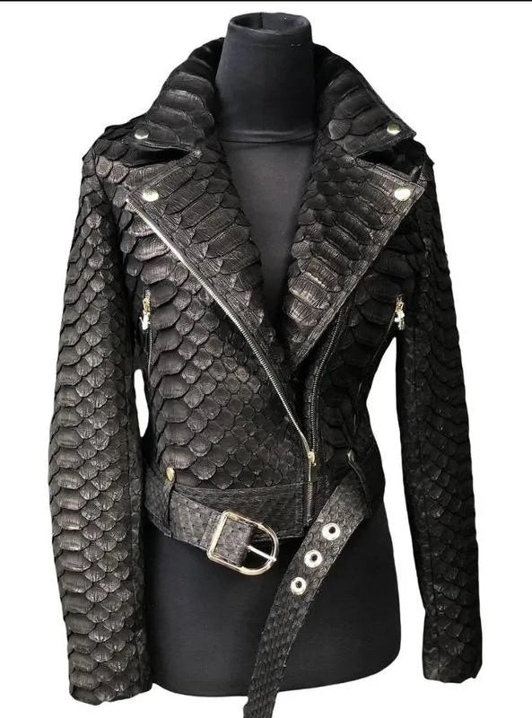 S-3XL UK Plus Size Autumn and Winter Women's PU Leather Black Snakeskin Leather Locomotive Jacket