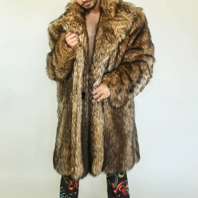 S-6XL NEW HOT SALE Italian Style Luxury Men Autumn Winter Thick Maxi Faux Fox Fur Coat Jacket Long Sleeve Warm Black Parkas  Furry Shaggy Outerwear Snow Clothes Gift for Husband Boyfriend Lover Men Luxury Fashion Clothing Sup