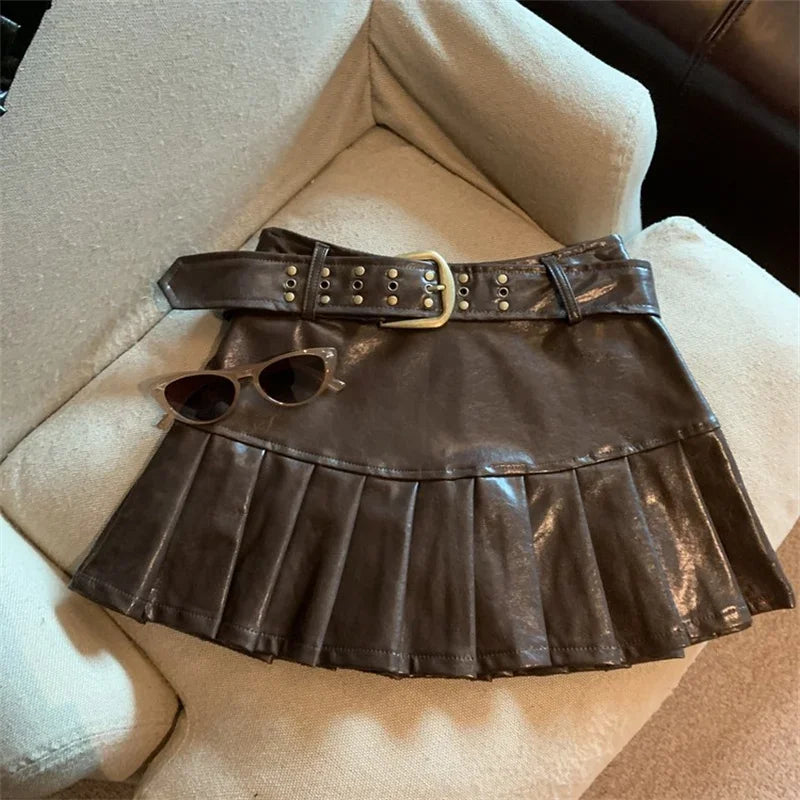 NEW Arrivals Women Black/Coffee Leather Skirt Harajuku Japanese Y2K Vintage Pleated Skirt 90s Aesthetic A-Line Mini Skirt Emo 2000s Punk Clothes Girls Sexy Casual Fashion Clothing Supplies