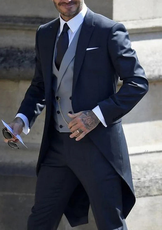 Low-Price Sales are Limited NEW 3PCS Set S-6XL PLUS SIZE Navy Blue British Gentleman Tuxedos Tailcoat Formal Wedding Business Opera Concerts Evening Party Suits Swallow Tail Coat Male Jacket Vest Pants Suit Men Luxury Fashion
