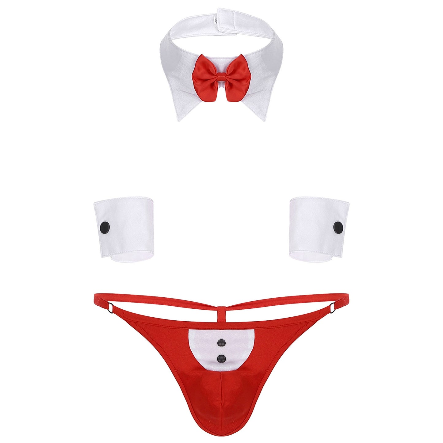 Mens Waiter Lingerie Set Sissy Sexy Tuxedo Costume G-string Thong with Bow Tie Collar and Bracelets 3Pcs Set Cosplay Underwear