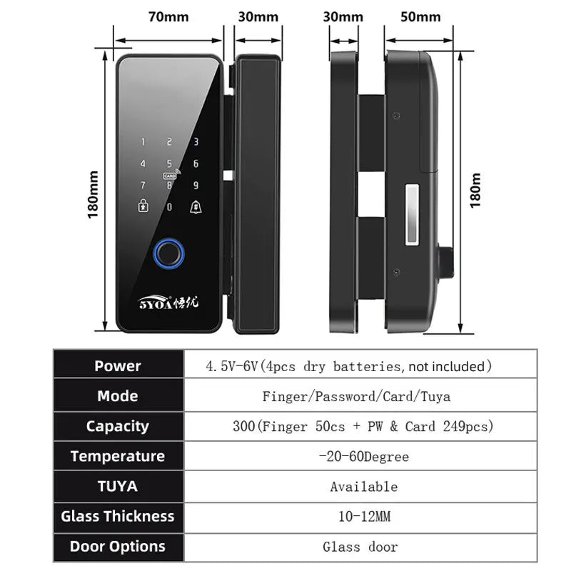 TUYA Door Lock App Glass Fingerprint Bluetooth Smart Glasses Electronic Biometric Door Lock 13.56Mhz RFID Remote Control Unlock