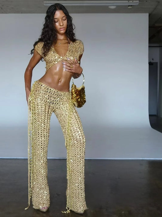 2 PCS Set S-XL UK Size Sexy Hollow-Out Sequin Woman Solid Deep V-Neck Crop Top and Tassel Pants Female Evening Beach Party Night Clubwear Prom Luxury Suit