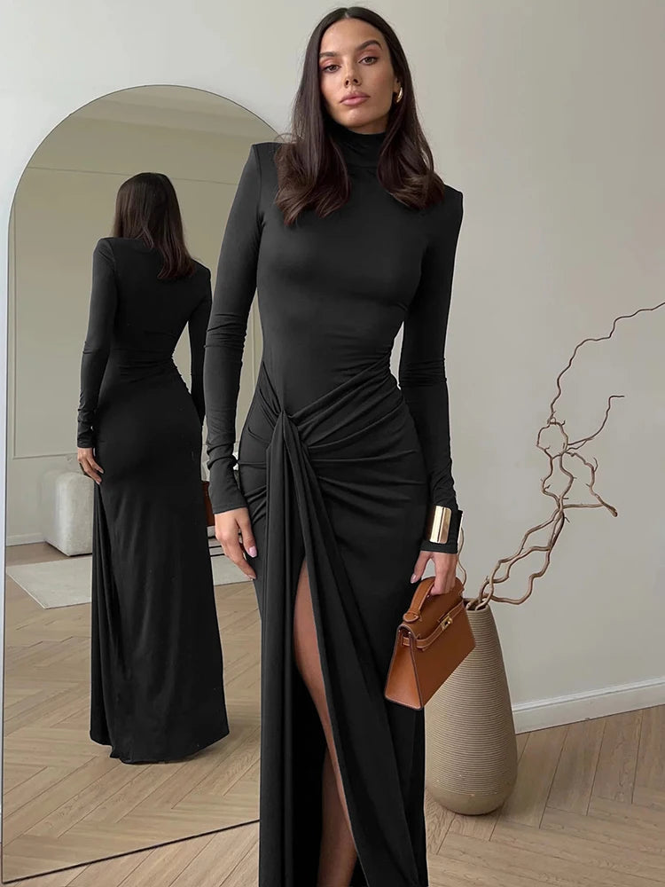 NEW Arrivals UK Size Brown/Black Color Turtleneck Thigh High Split Sexy Maxi Dress For Women Fashion Long Sleeve Draped Bandage Bodycon  Evening Party Night Club Long Dress