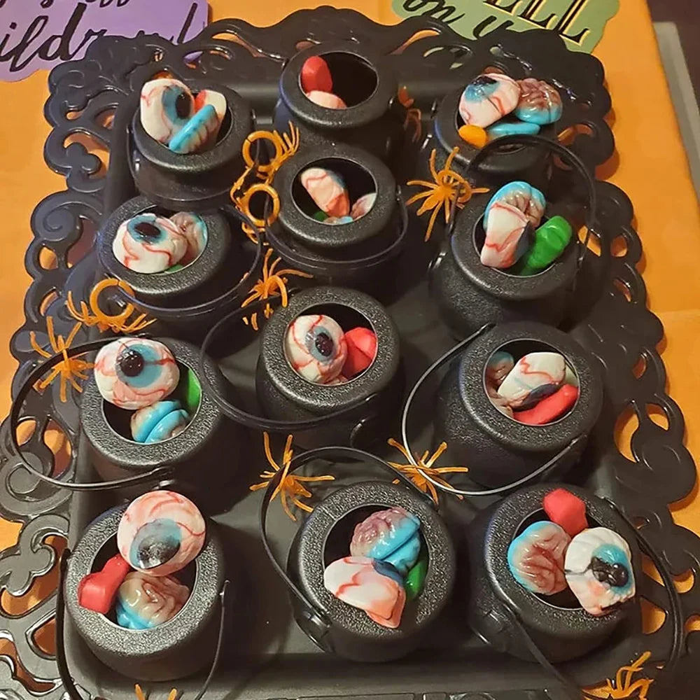 12PCS Set Halloween Scull-Jars Cauldron Decoration,Mini Black Plastic Witches Cauldron,Halloween Candy Basket,Trick Or Treat Bucket