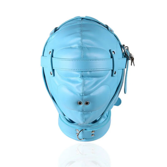 Erotic blue with lock cover SM bondage face couple toy flirt hood breathable double nostrils one piece hair replacement hood