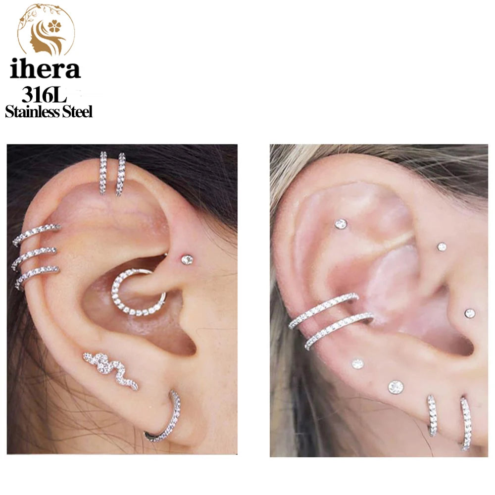50PCS Set Stainless Steel Zircon Hinged Segment Nose Septum Clicker Ring Round Earrings Hoops Ear Tragus Helix Piercing Jewelry
