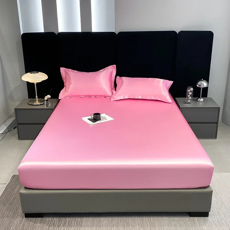 10 Colors Home Hotels Luxury Satin Waterproof Fitted Sheet Silky Solid Color Bed Sheet Breathable Elastic Band Sheets Smooth Bedsheet Mattress Cover