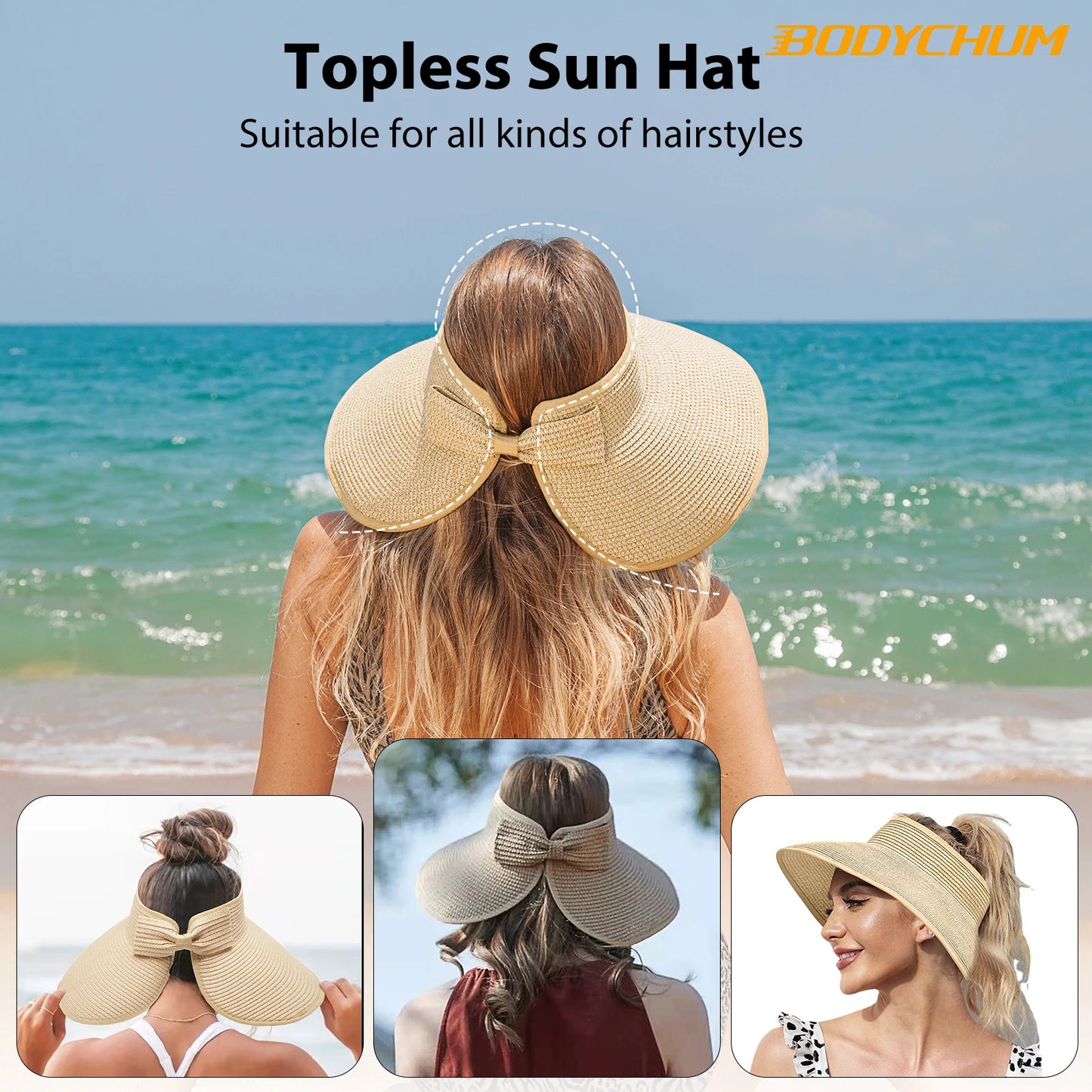 Casual Wide Brim Straw Hat Summer Visors Hat Sun Hat Beach Summer Roll-up Foldable Sun Cap UV Protection Caps for Women