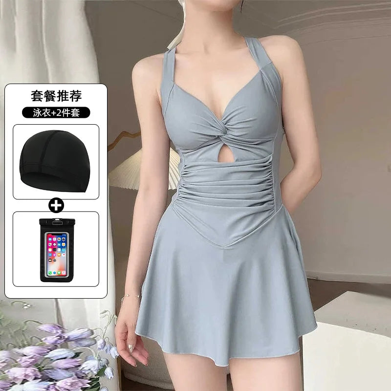 4 PCS Set Women's Swimsuit Dress + Swimming Cap + Goggles + Mobile Phones Bag + Nose Clip Earplugs Conservative Slimming Korean Style Sporty Hot Spring Swimming Suit Pure Color Skirt Style Gathered Bathing Sets