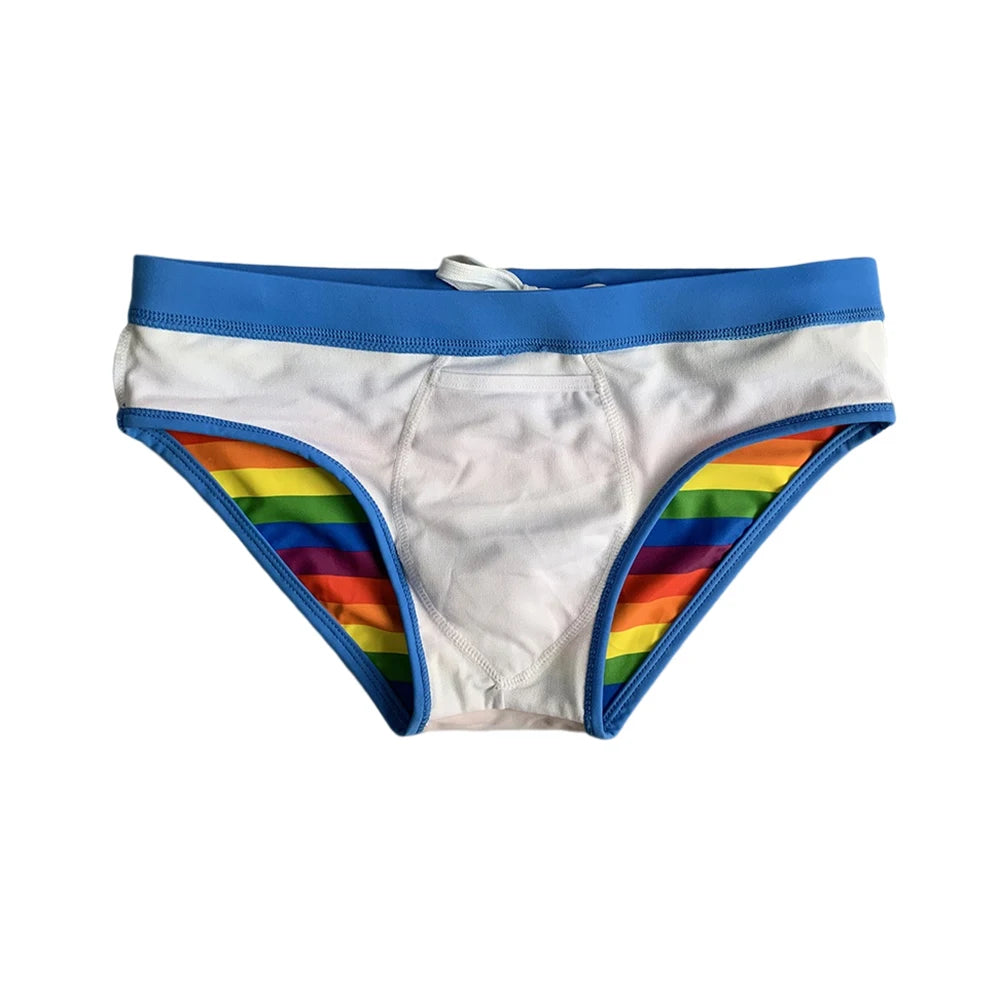 Sexy Low Waist Men Swimwear Rainbow Striped Swim Briefs Summer Europe America Fashion Nylon Pad Push Up Bikini Bathing Suit