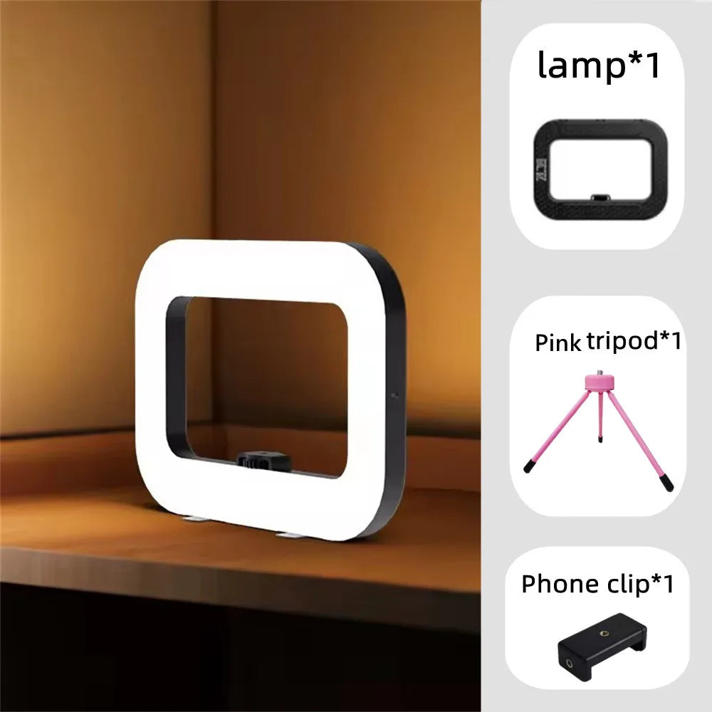 New Pink/Black Color + Tripod Handheld Ring LED Rechargeable Fill light Portable Mobile Phone Live Broadcast Photography Desktop Rabbit Cage Selfie Light