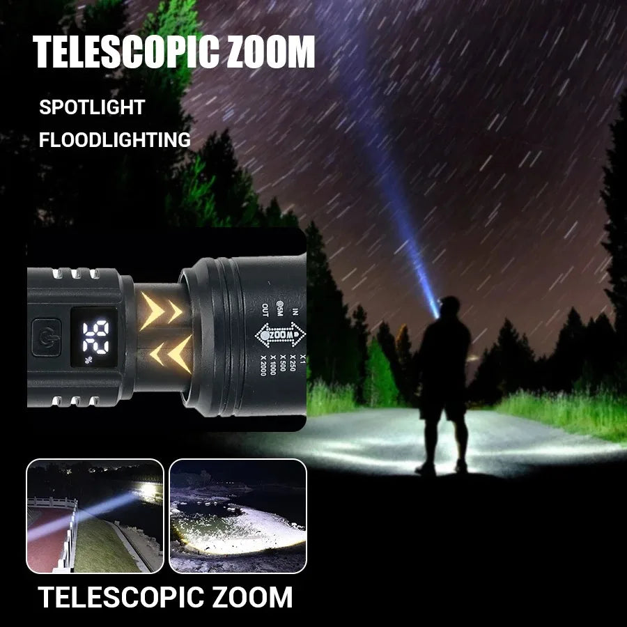 3 PCS Set 500m Lighting Distance Rechargeable LED Flashlight 10000LM Zoomable Torch Waterproof 5 Modes with LCD Display  Charging for Camping Hiking Night Walking Emergency Tools