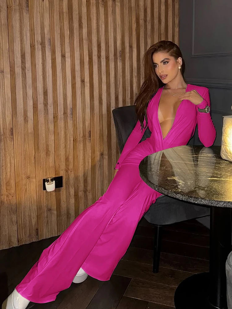 NEW Black/Rose Red Color Luxury Silky Elegant Jumpsuits Woman Cross Ruched Deep V-Neck Full Sleeve Skinny High Stretch Daily Office Style Overalls Ladies Luxury Fashion Clothing Supplies