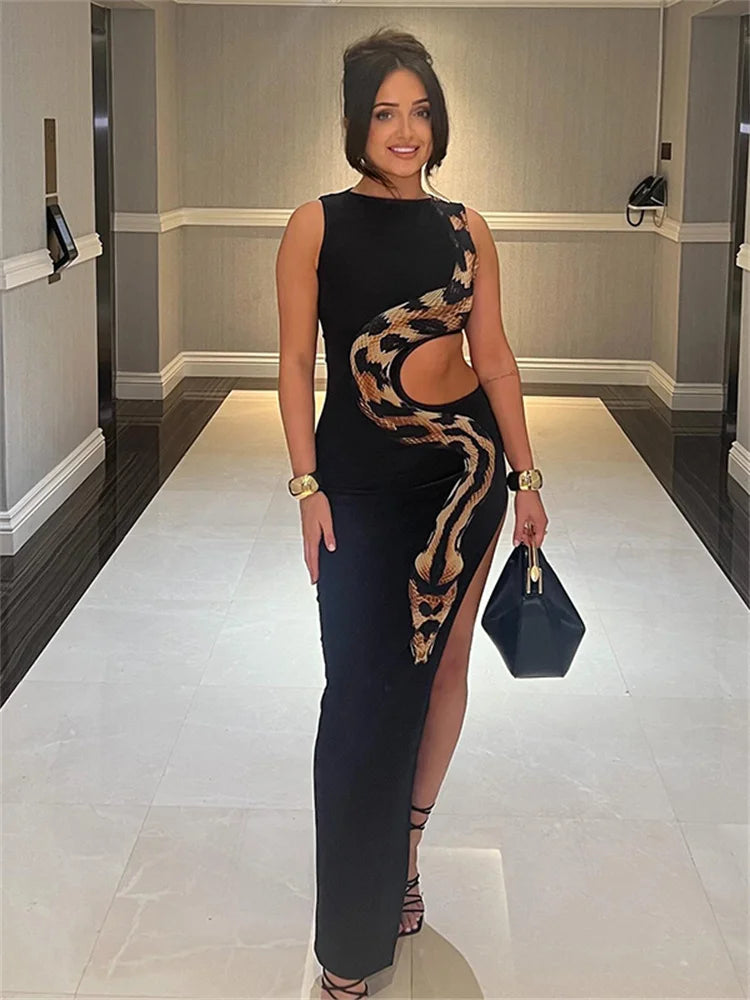 NEW Arrivals Women Girls Luxury Snakeskin Dress Woman Summer Evening Party Dress Sexy Hollow Sleeveless Splits O-Neck Fashion Coquette Night Party Clubwear Skinny Outfit Female Ladies Luxury Fashion Clothing Supplies