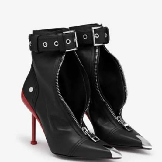 European and American Sexy Women's Zipper High Heel Short Boots Fashion Pointed Belt Buckle Women's Ankle Boots