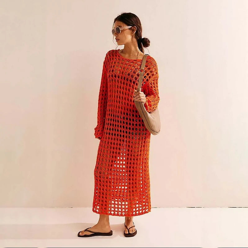NEW Arrivals UK Size Beige/Orange Para Praia Hollow Out Knitted Long Dress Beach Dress Bikini Cover Swimwear Cover Ups Sexy Beach Outfits for Women Beachwear