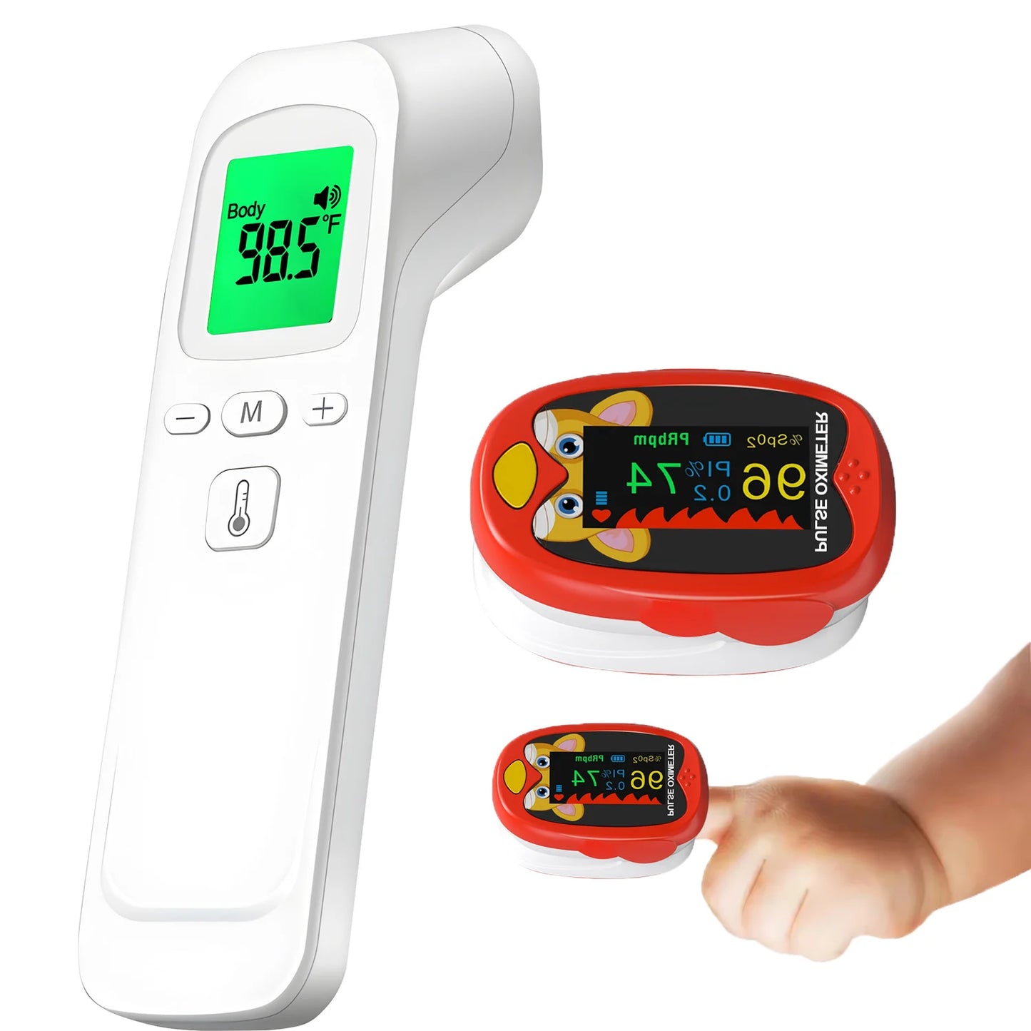 2 PCS Set USB Kids Infant Finger Oximeter Or Non Contact Infrared Forehead Thermometer Digital LCD Fever Detector Heart Rate SpO2 Electronic Monitor Medical Devices Health Care Supplies.