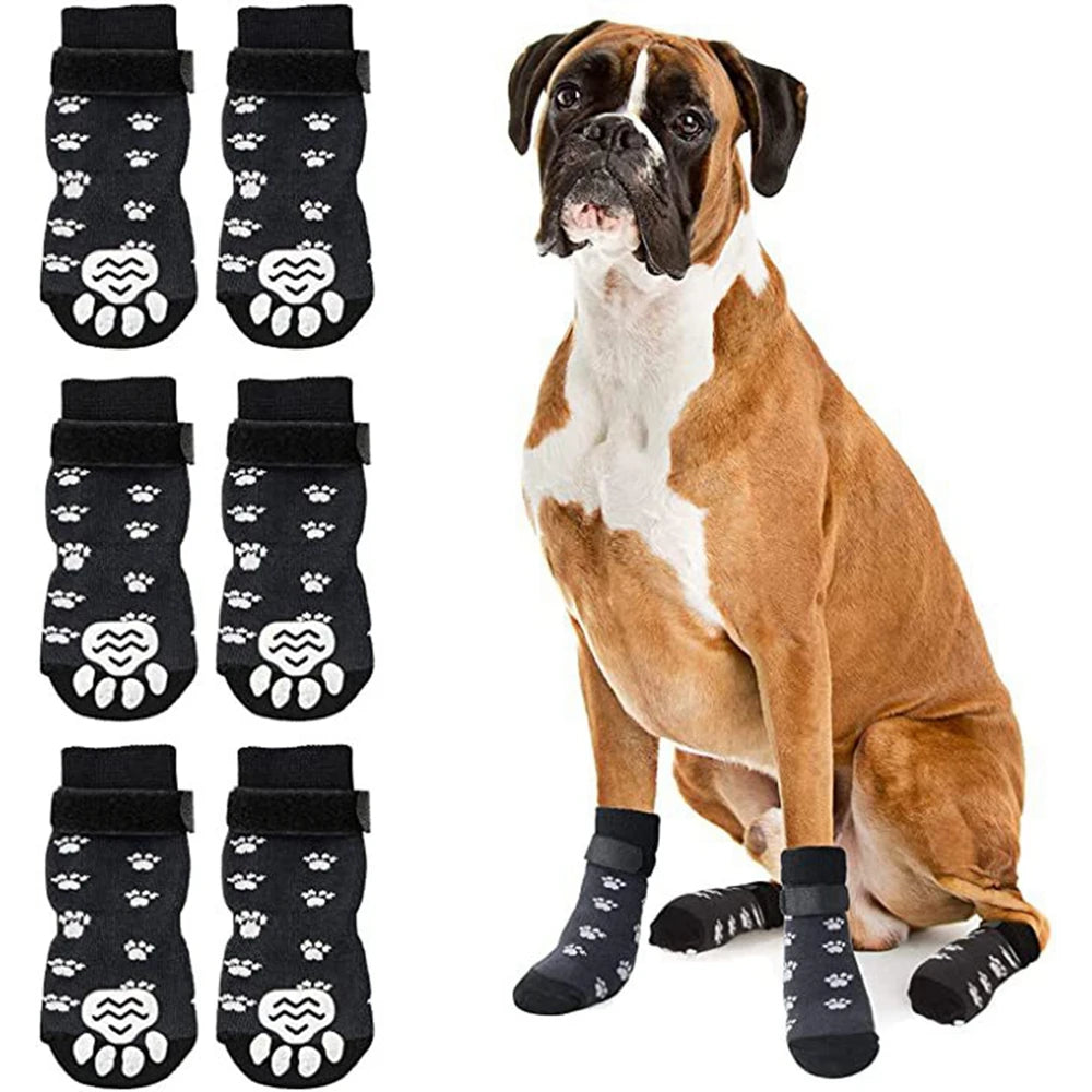 4Pcs Winter Warm Dog Socks Adjustable Anti Slip Skid Pet Shoes Socks Soft Breathable Paw Protector for Small Puppy Cat Dogs